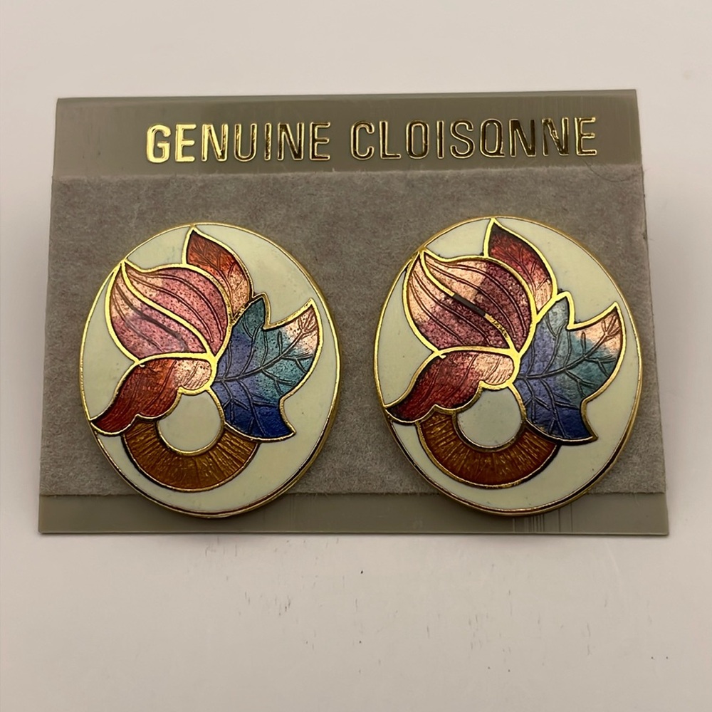 Vintage Cloisonné (Cloisonne) Multicolored Leaf Stud Earrings (CPN22)